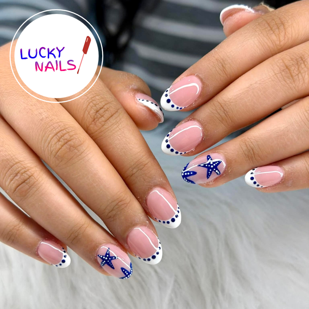Custom nautical French nail art at Lucky Nails Yakima
