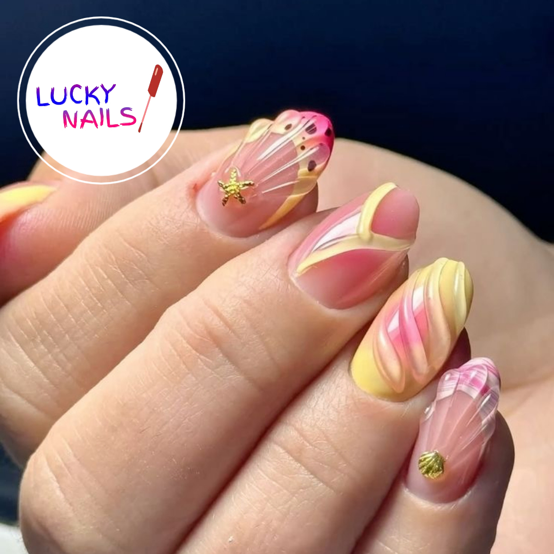 Pink and yellow ombre summer set with gold seashell and starfish charms